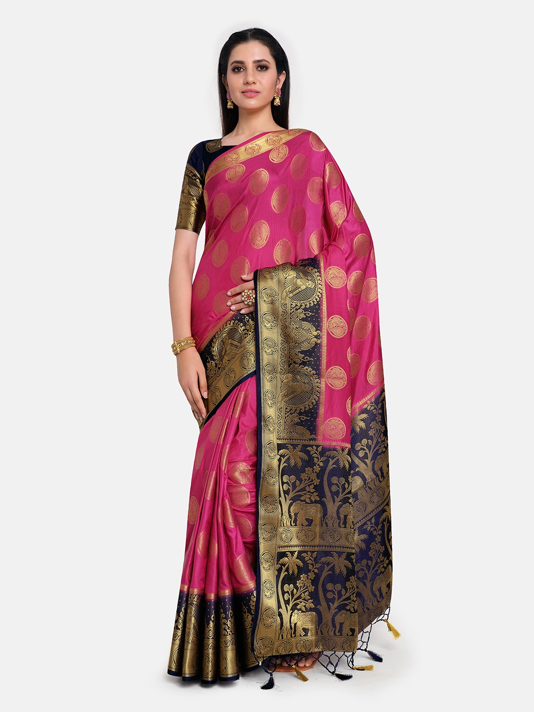 

MIMOSA Pink Ethnic Motifs Zari Art Silk Kanjeevaram Saree