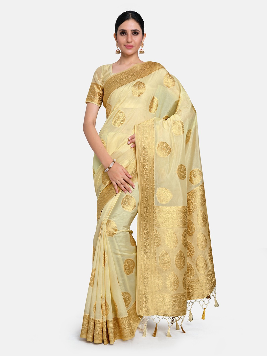 

MIMOSA Beige & Gold-Toned Floral Zari Art Silk Kanjeevaram Saree