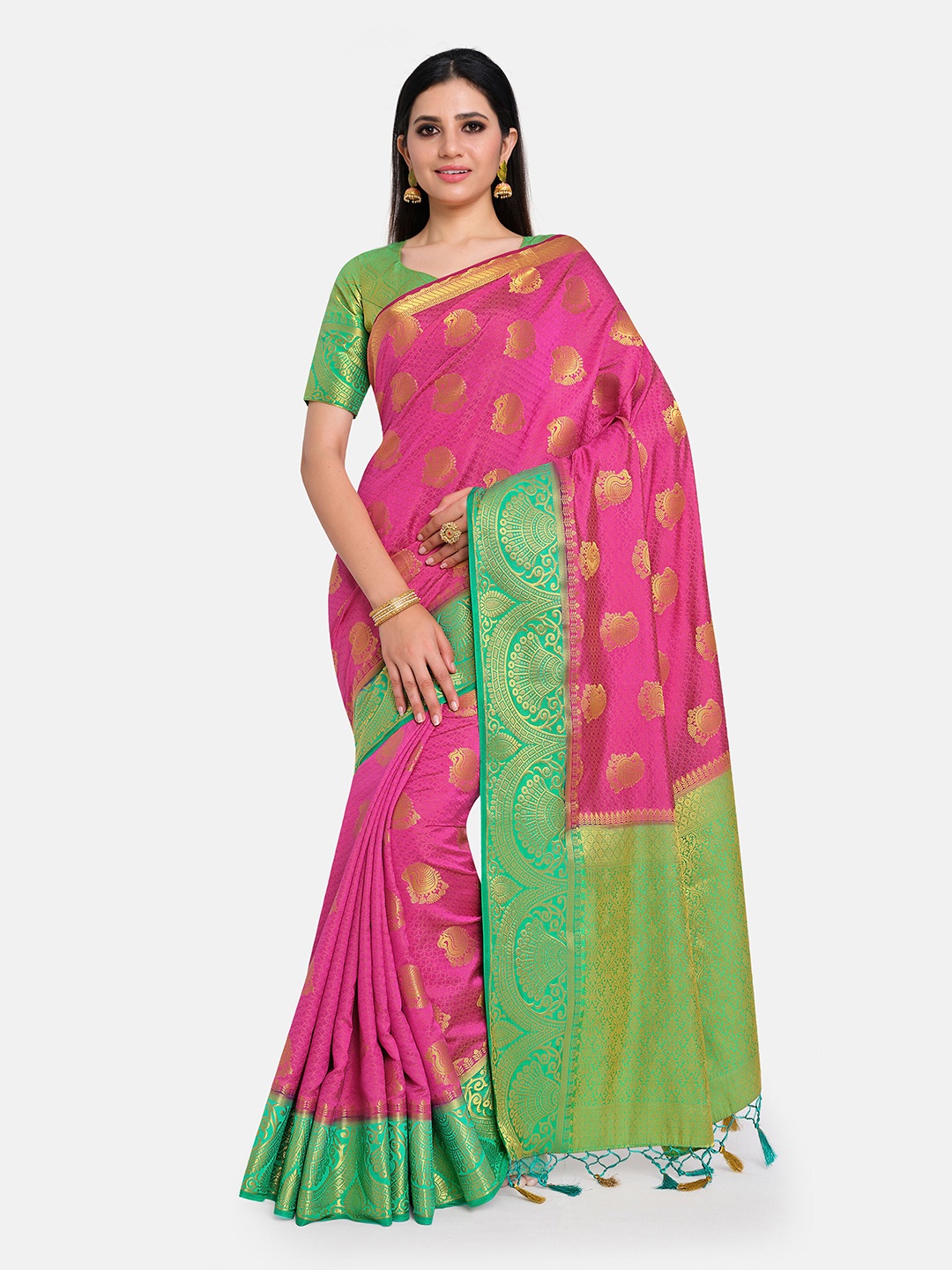 

MIMOSA Pink & Green Woven Design Zari Art Silk Kanjeevaram Saree