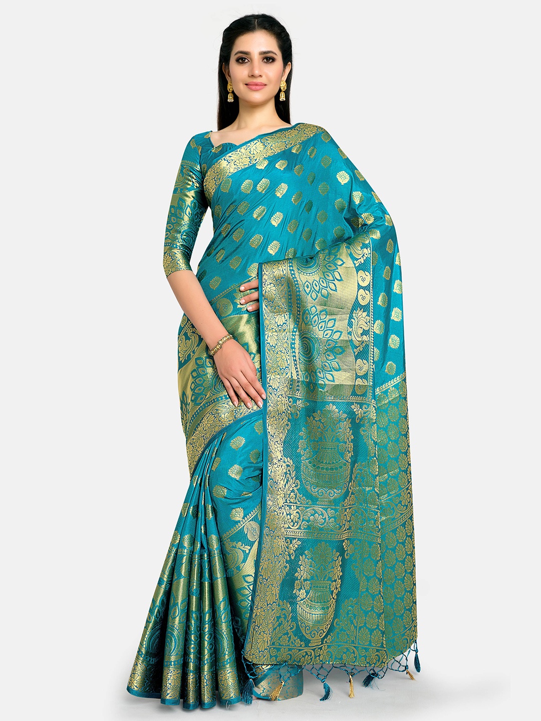 

MIMOSA Turquoise Blue & Gold-Toned Zari Art Silk Kanjeevaram Saree With Tasseled Pallu