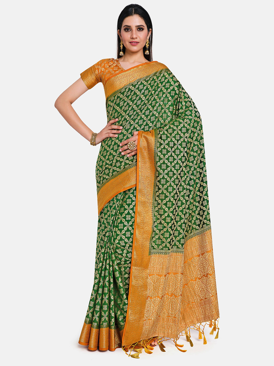

MIMOSA Green & Yellow Ethnic Motifs Zari Art Silk Kanjeevaram Saree