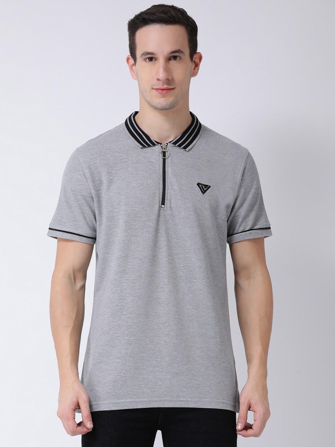

Club York Men Grey Melange & Black Striped Polo Collar T-shirt