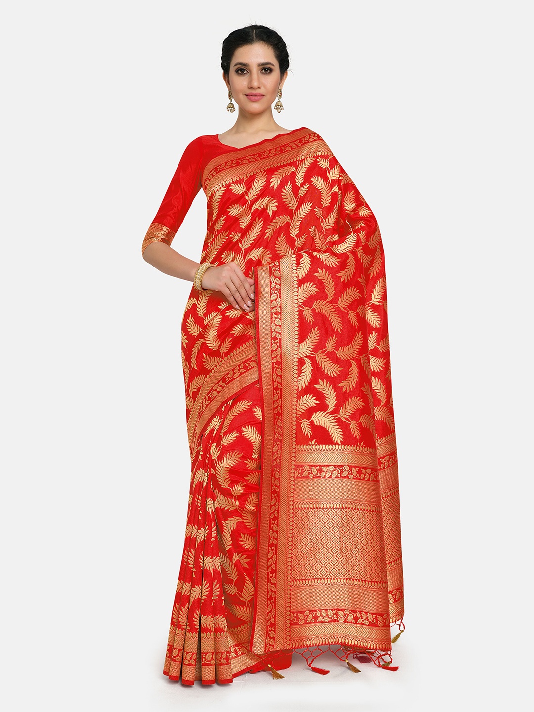 

MIMOSA Red & Gold-Toned Woven Design Zari Art Silk Kanjeevaram Saree