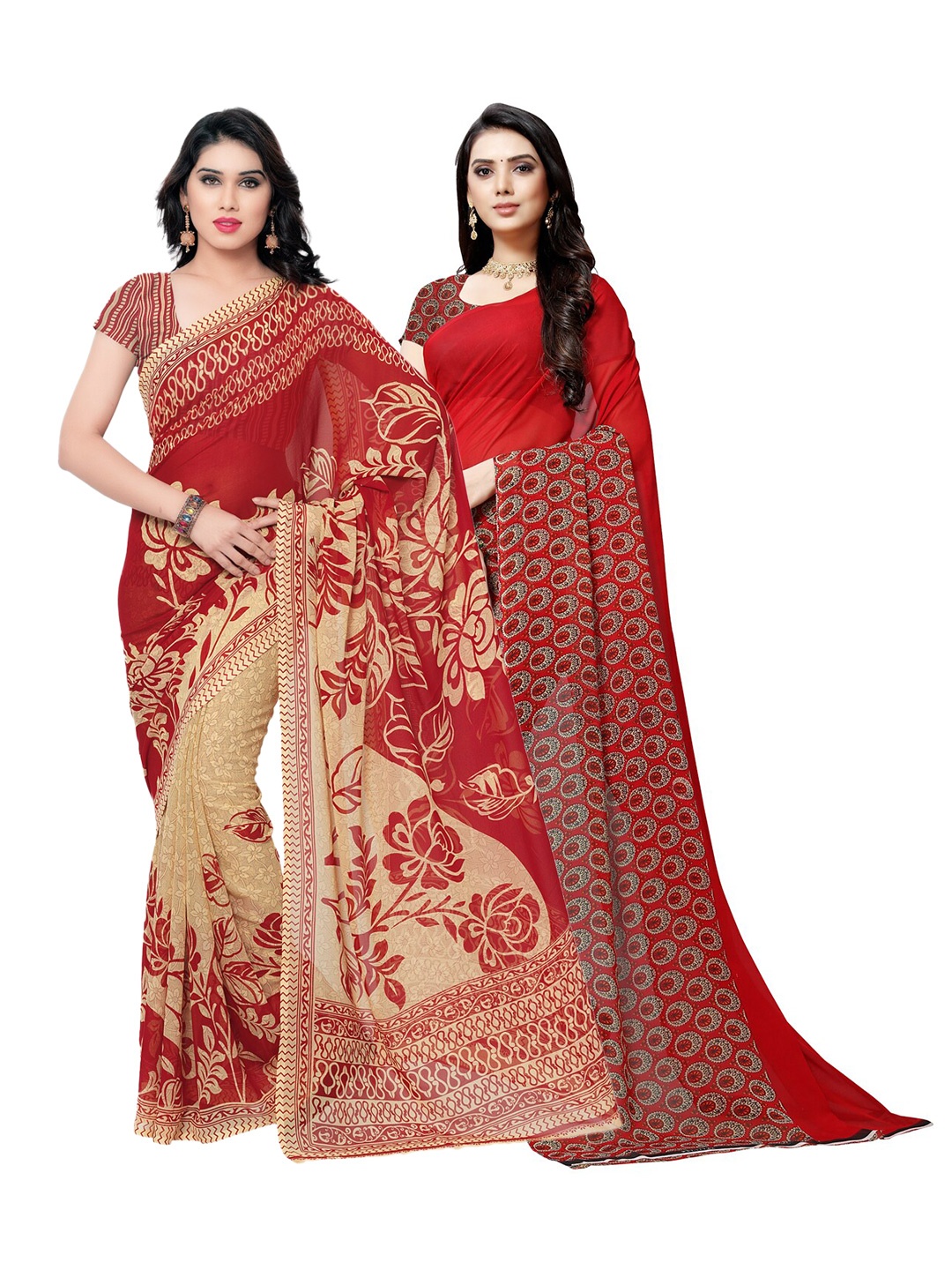 

KALINI Pack of 2 Printed Poly Georgette Saree, Red