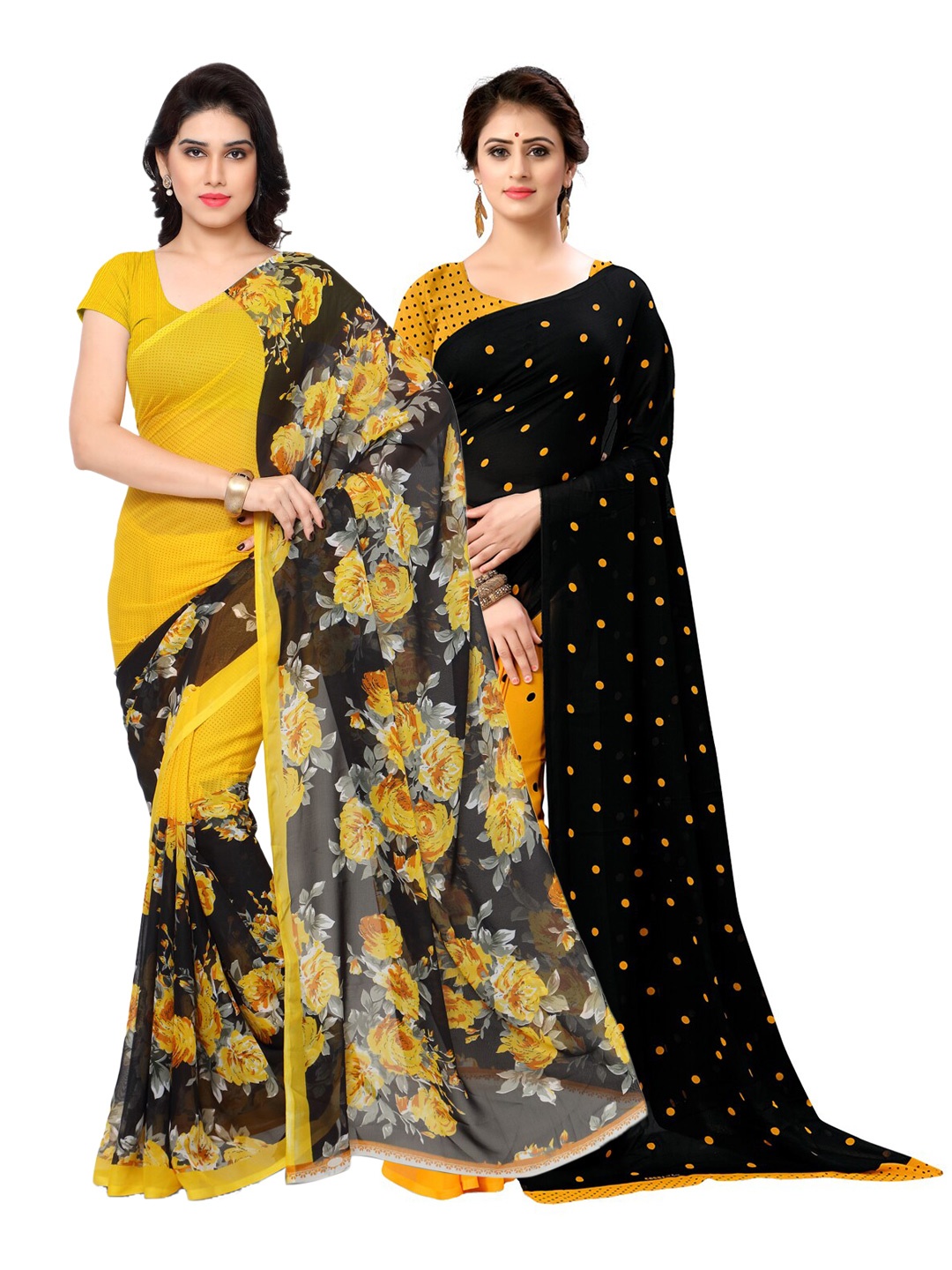 

ANAND SAREES Pack Of 2 Yellow & Black Poly Georgette Floral Saree