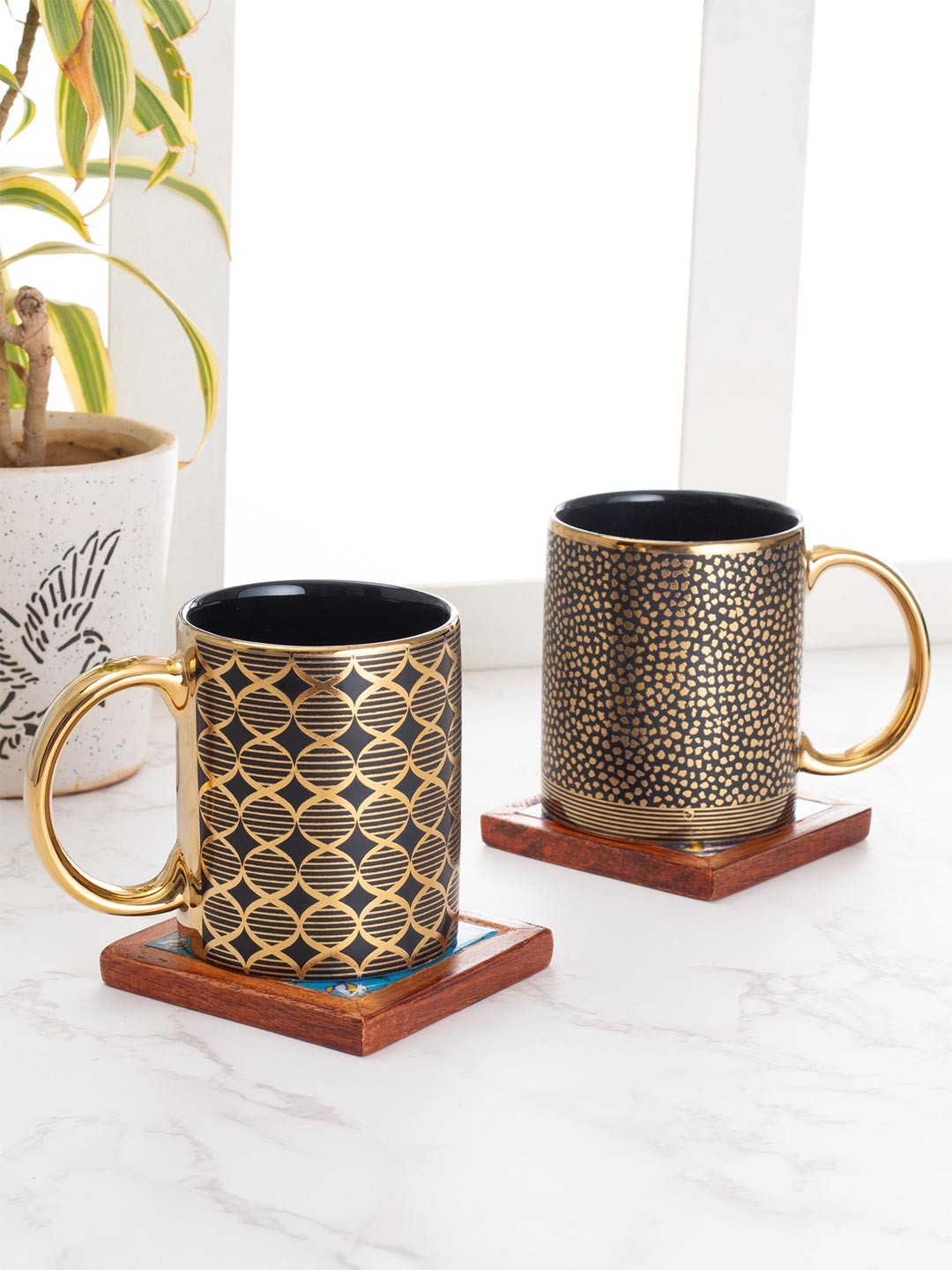 

CLAY CRAFT Set Of 2 Black & Gold-Toned Printed Ceramic Glossy Mugs