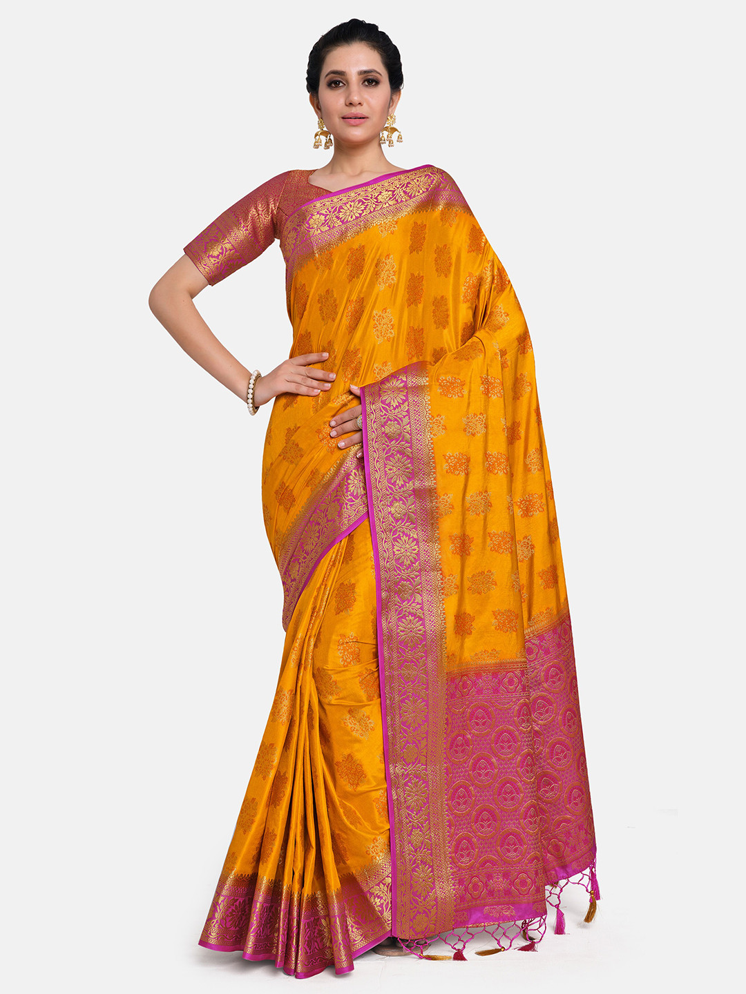 

MIMOSA Mustard & Pink Woven Design Zari Art Silk Kanjeevaram Saree