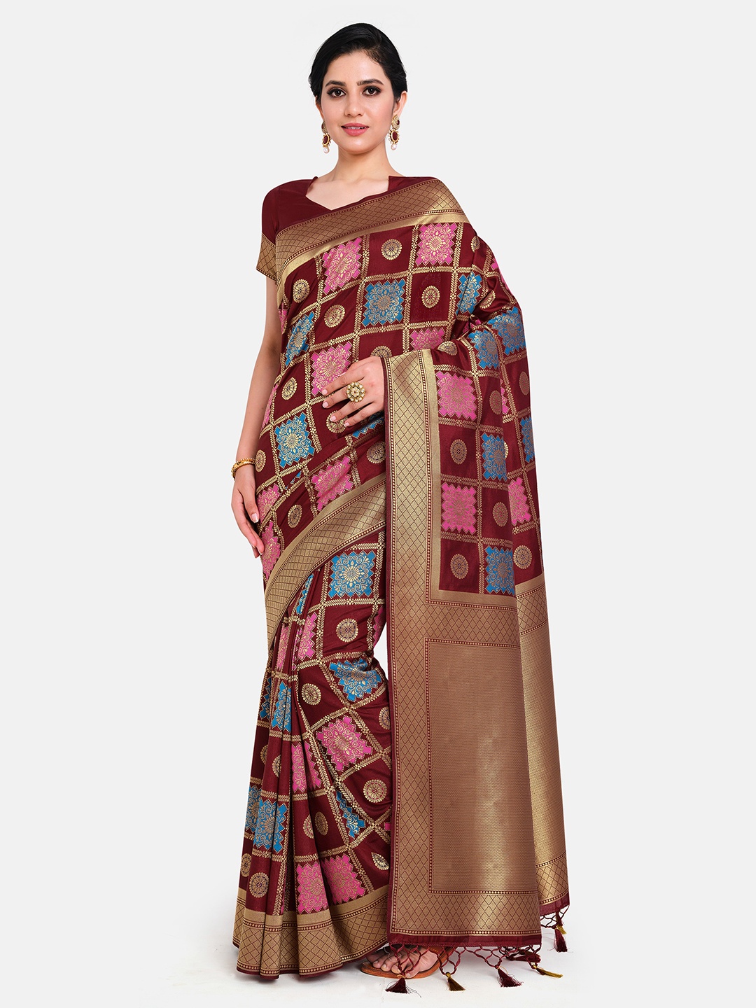 

MIMOSA Maroon & Gold-Toned Ethnic Motifs Zari Art Silk Kanjeevaram Saree