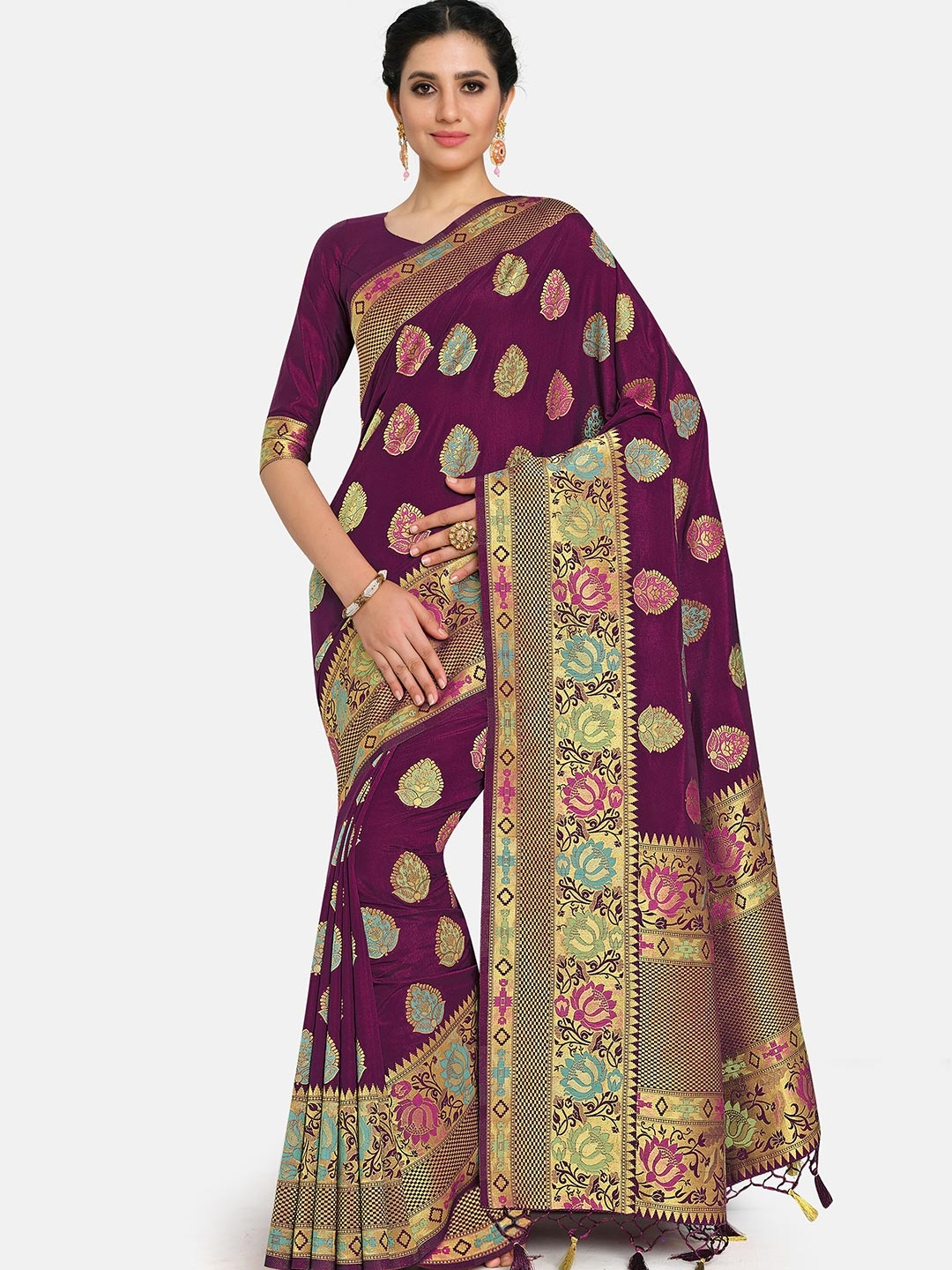 

MIMOSA Burgundy & Gold-Toned Woven Design Zari Art Silk Kanjeevaram Saree