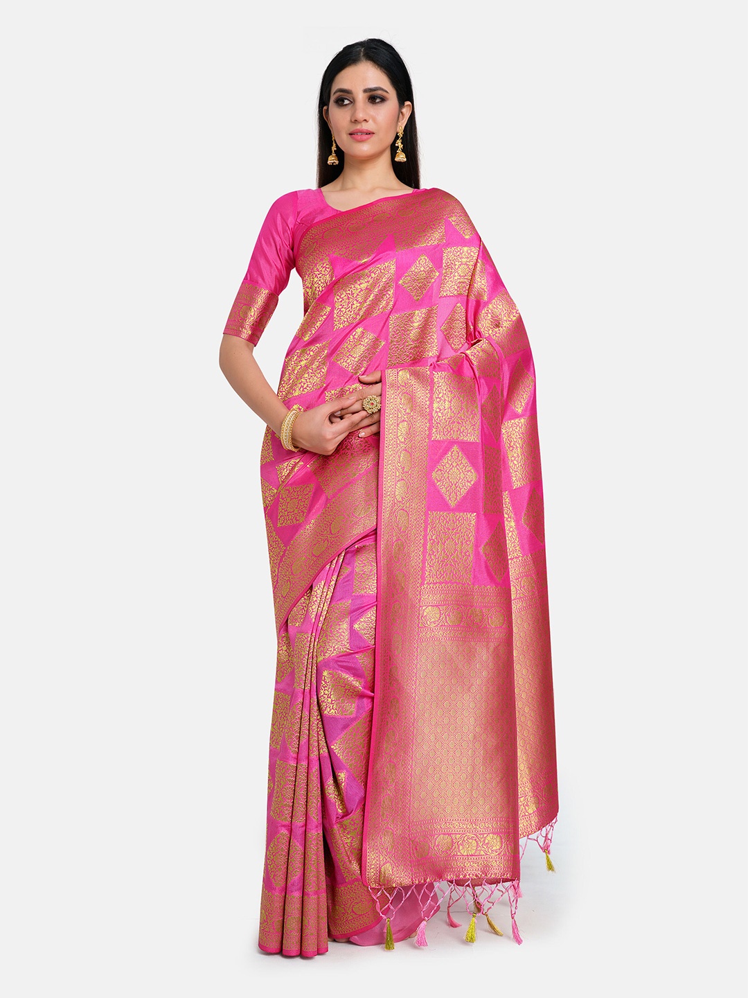 

MIMOSA Pink & Gold-Toned Ethnic Motifs Zari Art Silk Kanjeevaram Saree