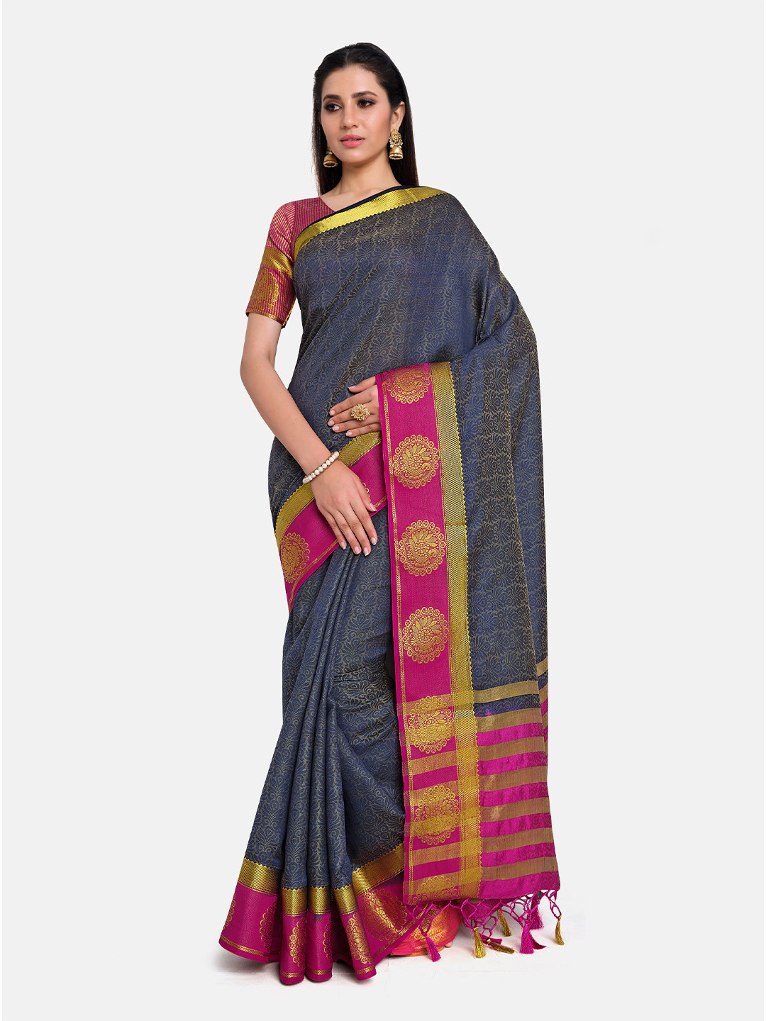 

MIMOSA Navy Blue & Pink Ethnic Motifs Zari Art Silk Kanjeevaram Saree