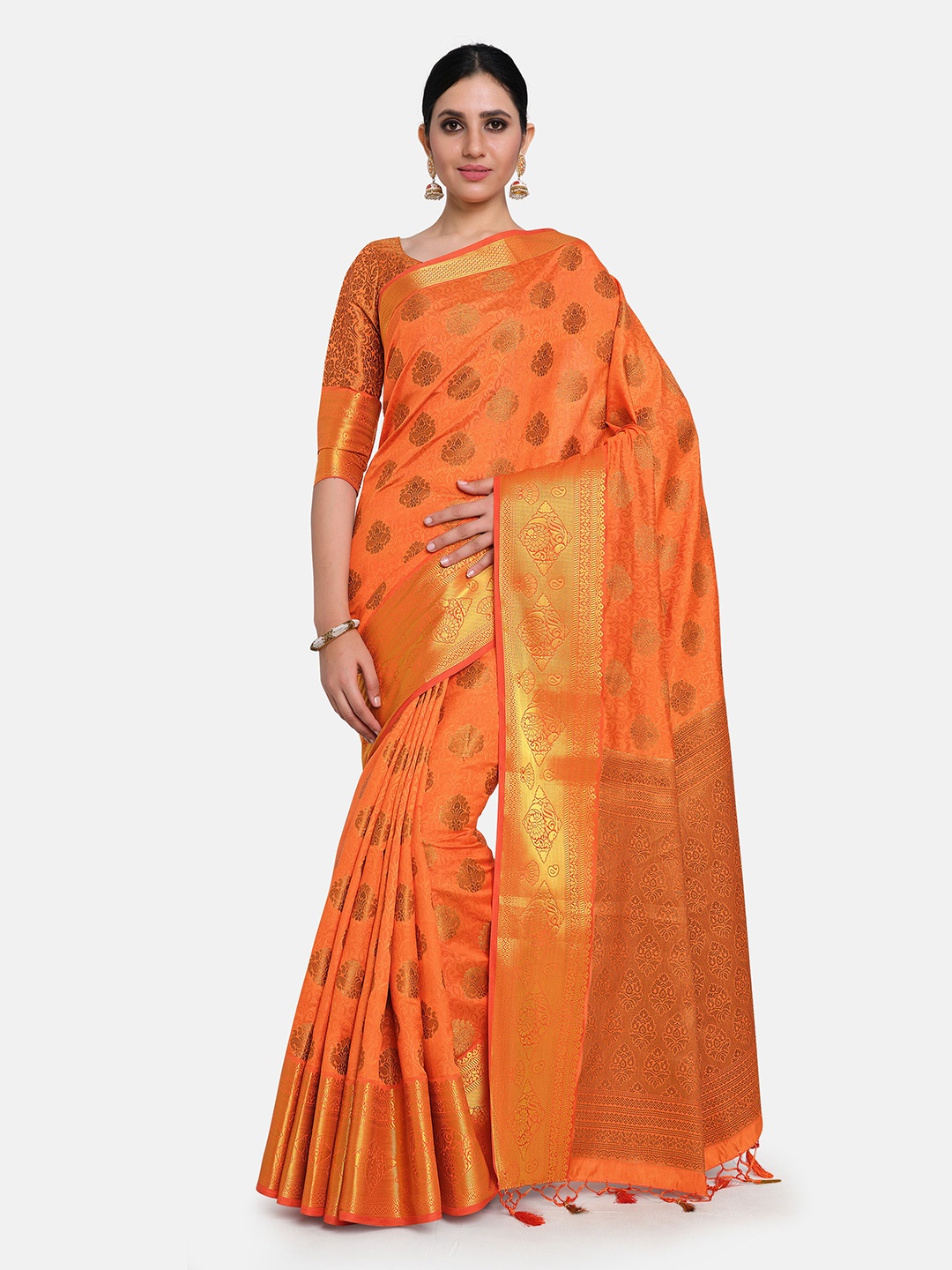

MIMOSA Orange & Gold-Toned Ethnic Motifs Zari Art Silk Kanjeevaram Saree