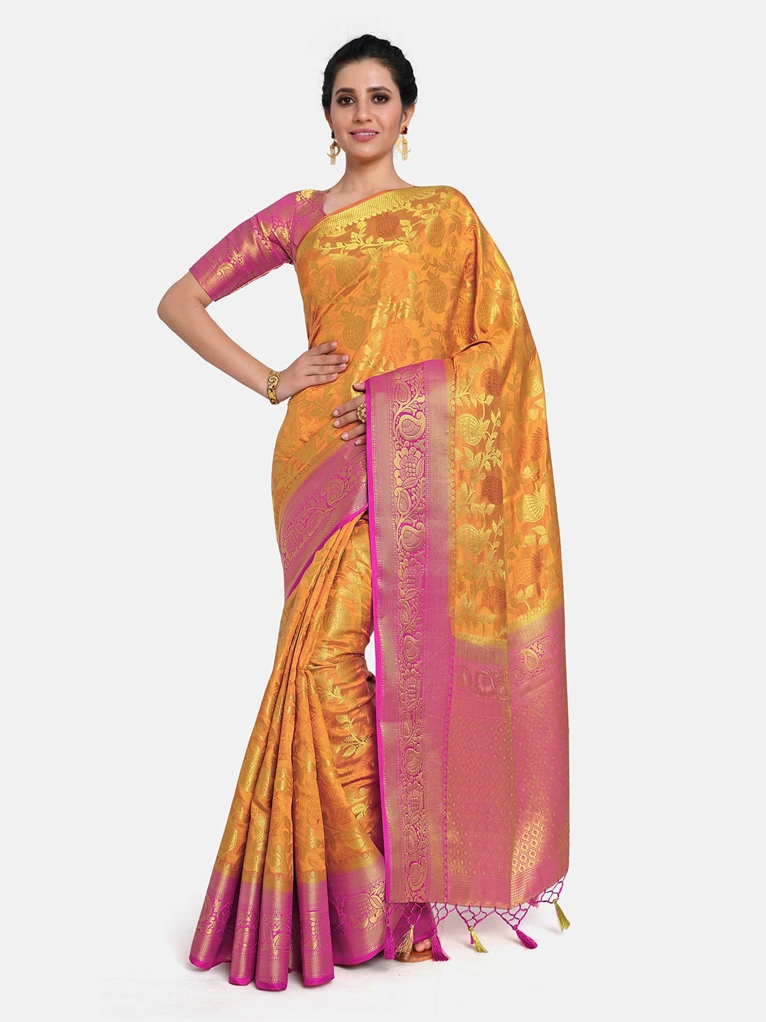 

MIMOSA Yellow & Peach-Coloured Floral Zari Art Silk Kanjeevaram Saree