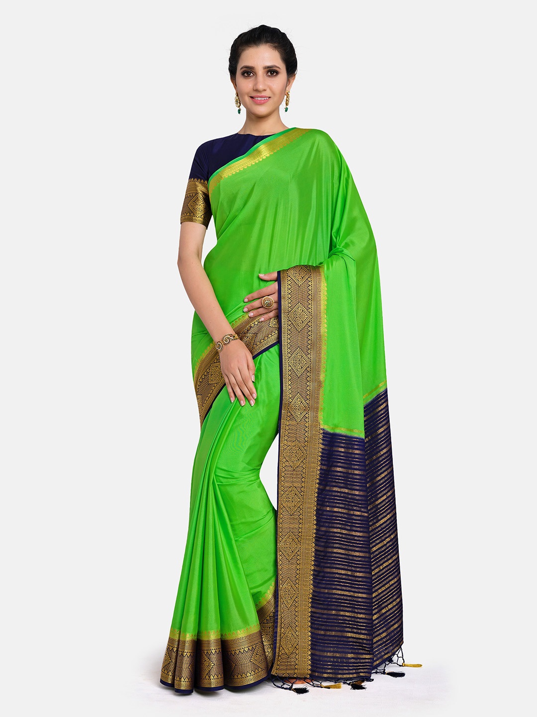 MIMOSA Green & Navy Blue Zari Mysore Silk Saree