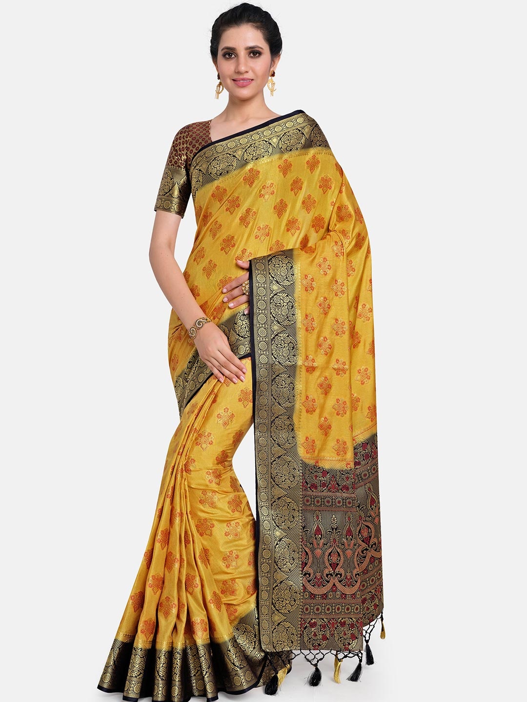

MIMOSA Yellow & Black Woven Design Zari Art Silk Kanjeevaram Saree With Tasseled Pallu