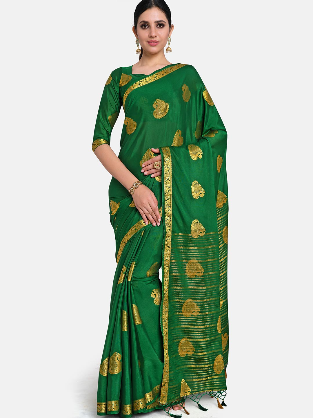 

MIMOSA Green & Gold-Toned Woven Design Zari Mysore Silk Saree