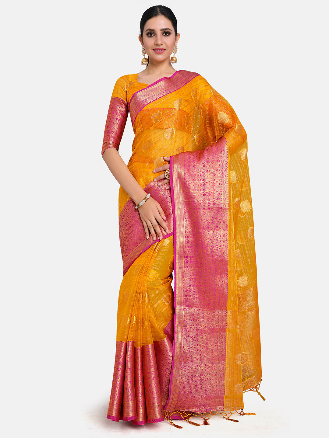 

MIMOSA Mustard & Peach-Coloured Ethnic Motifs Zari Organza Banarasi Saree