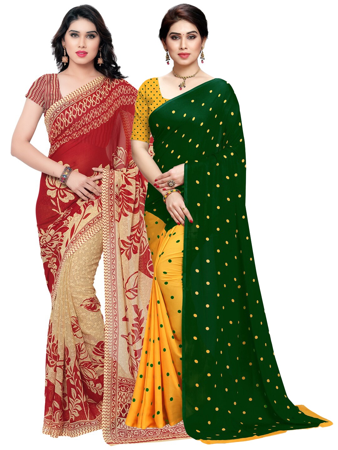 

KALINI Pack of 2 Red & Green Poly Georgette Saree