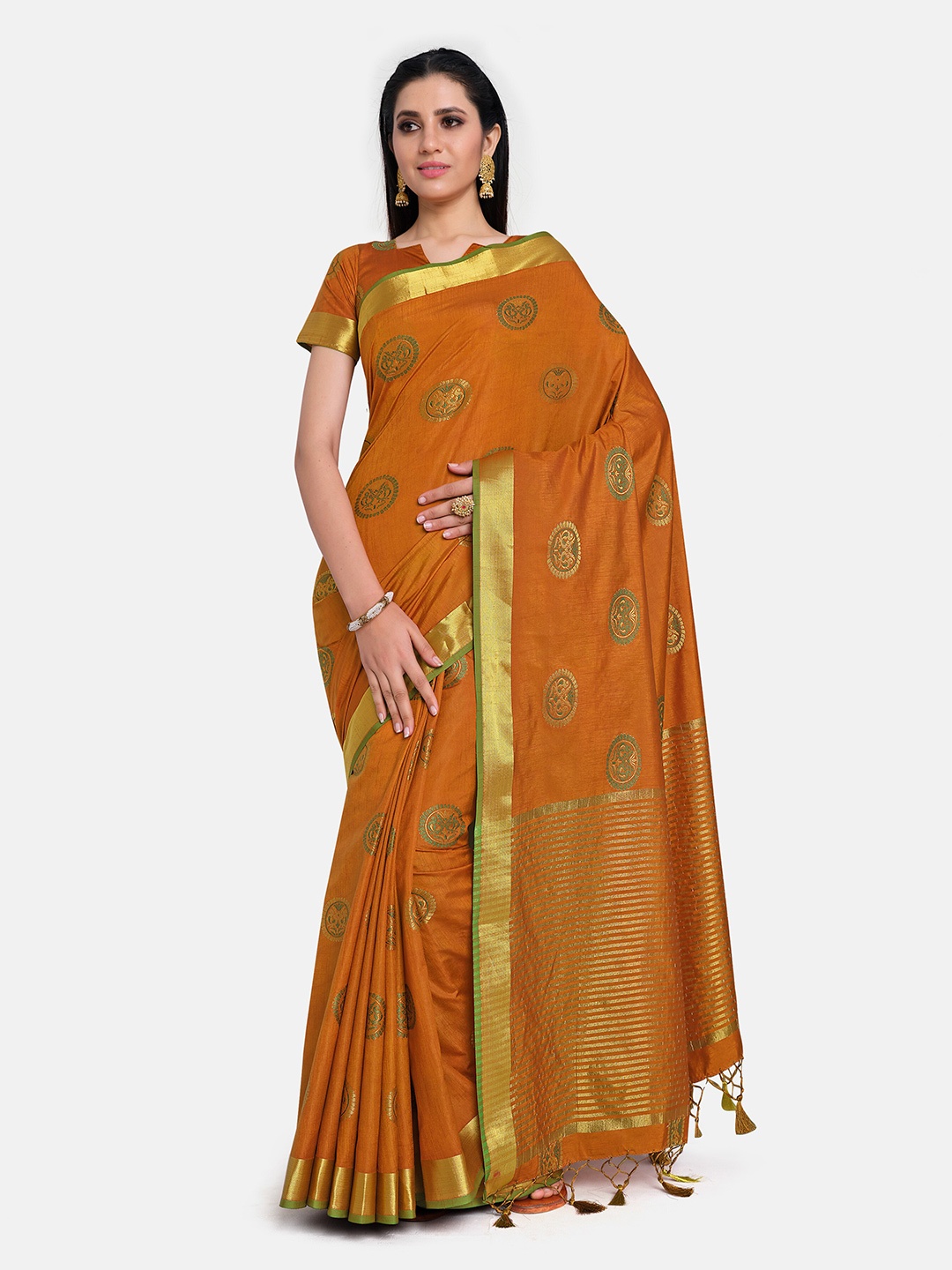 

MIMOSA Rust & Gold-Toned Woven Design Art Silk Kanjeevaram Saree