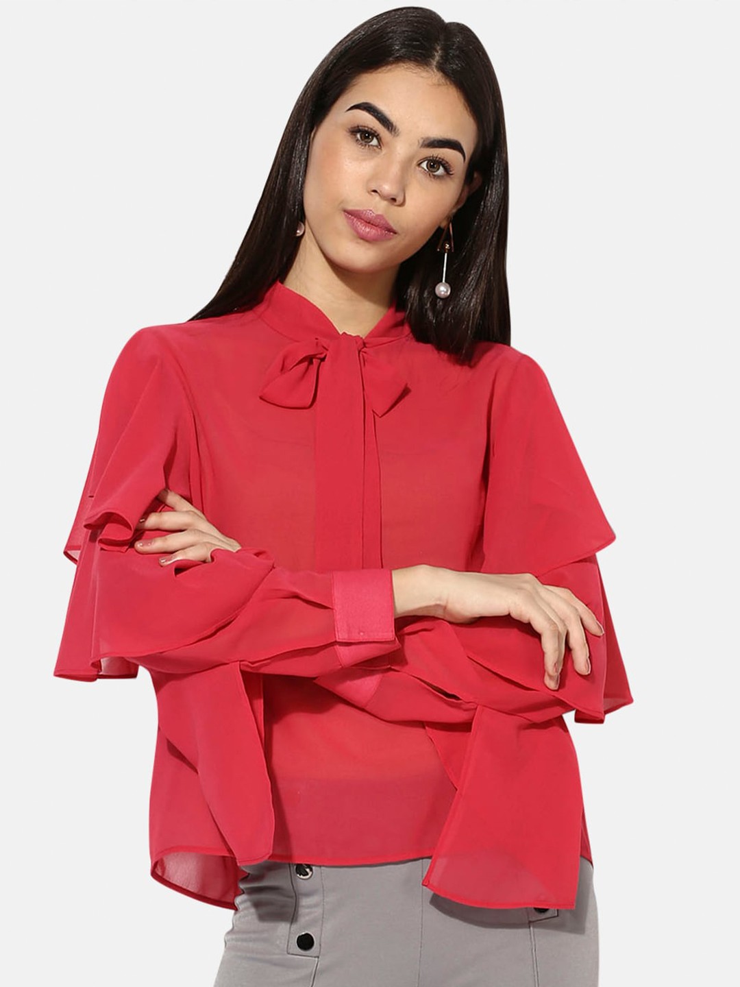 

Kazo Women Red Tie-Up Neck Regular Top