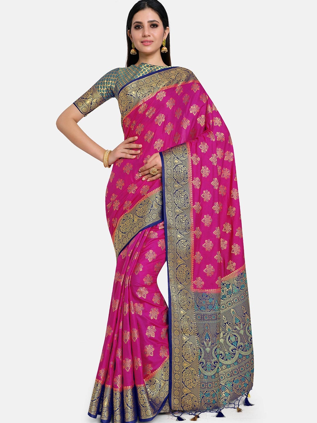

MIMOSA Pink & Gold-Toned Woven Design Art Silk Kanjeevaram Saree