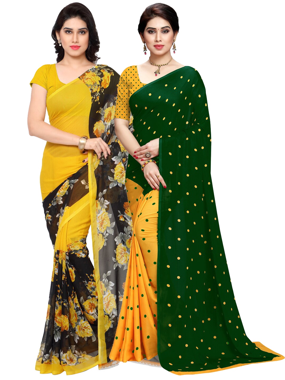 

ANAND SAREES Pack of 2 Printed Poly Georgette Saree, Yellow