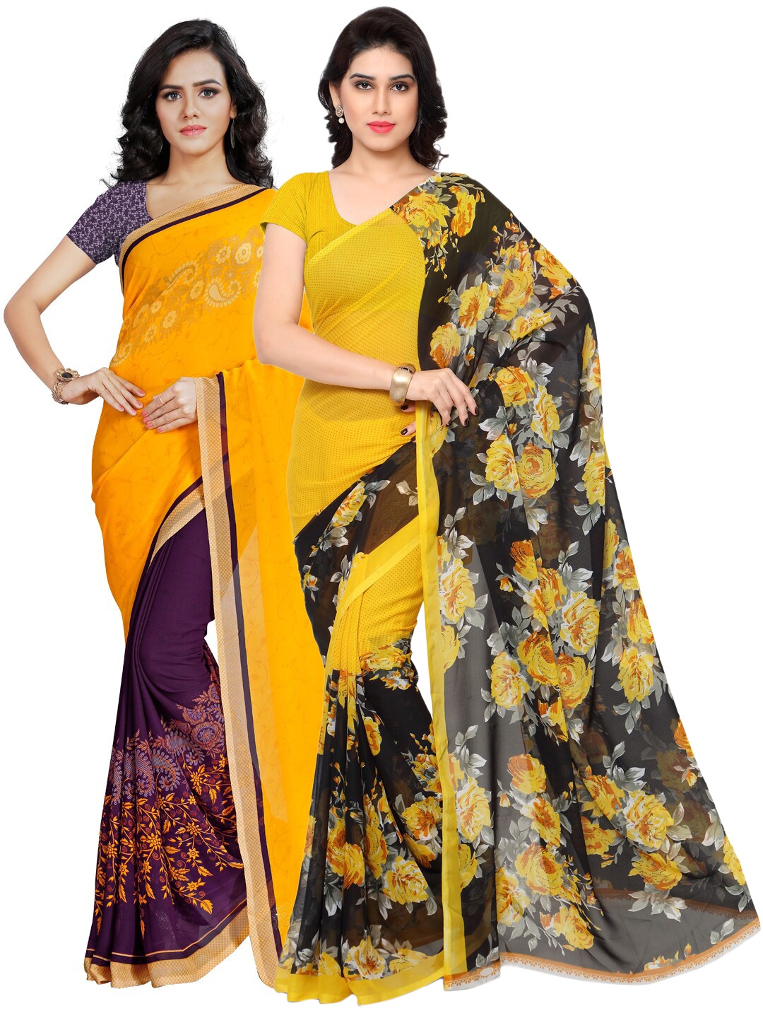ANAND SAREES Pack Of 2 Yellow & Black Floral Sarees