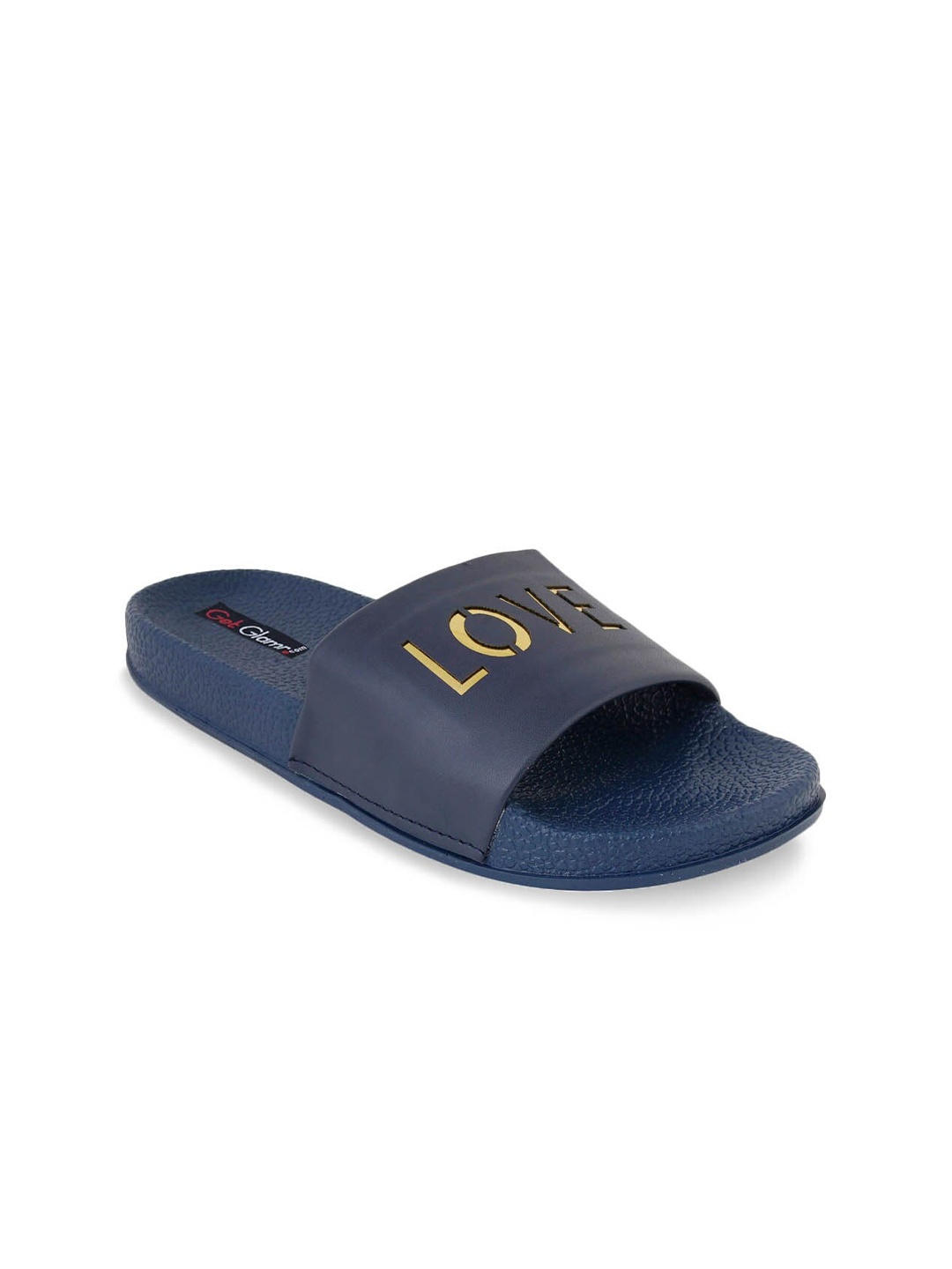 

Get Glamr Women Navy Blue & Gold-Toned Sliders