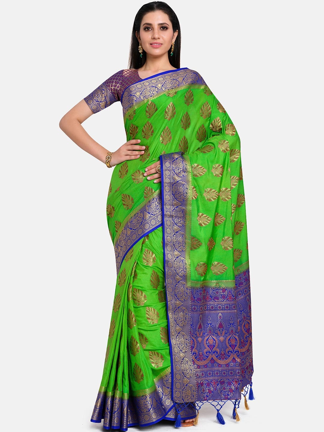 

MIMOSA Green & Blue Ethnic Motifs Zari Art Silk Kanjeevaram Saree