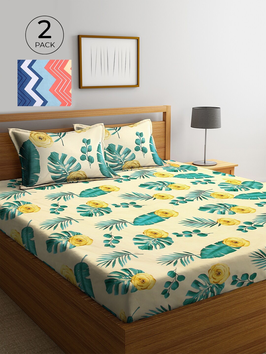 

KLOTTHE Beige & Blue Floral 210 TC 2 King Bedsheet with 4 Pillow Covers