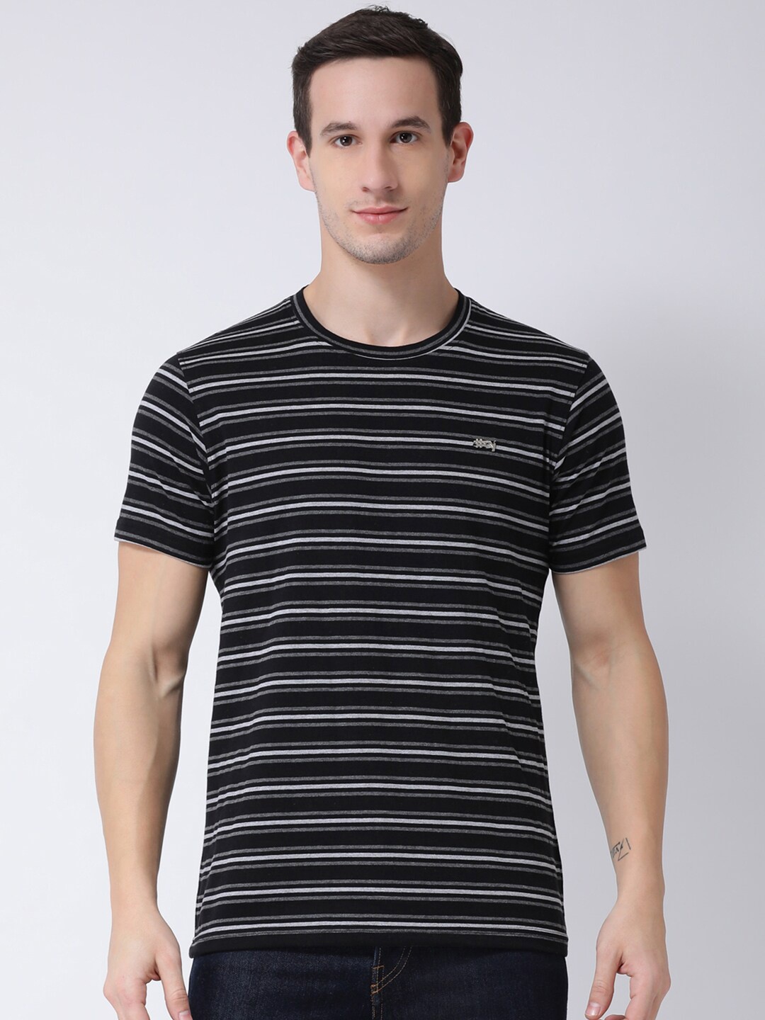 

Club York Men Black Striped Round Neck T-shirt