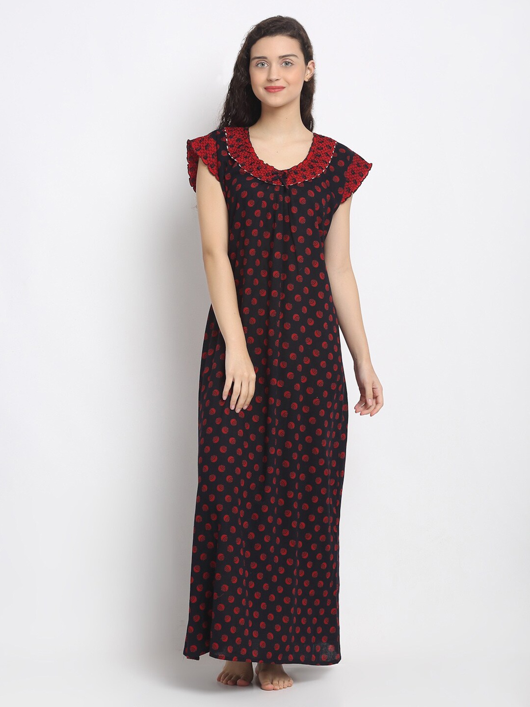 Secret Wish Black Printed Cotton Maxi Nightdress
