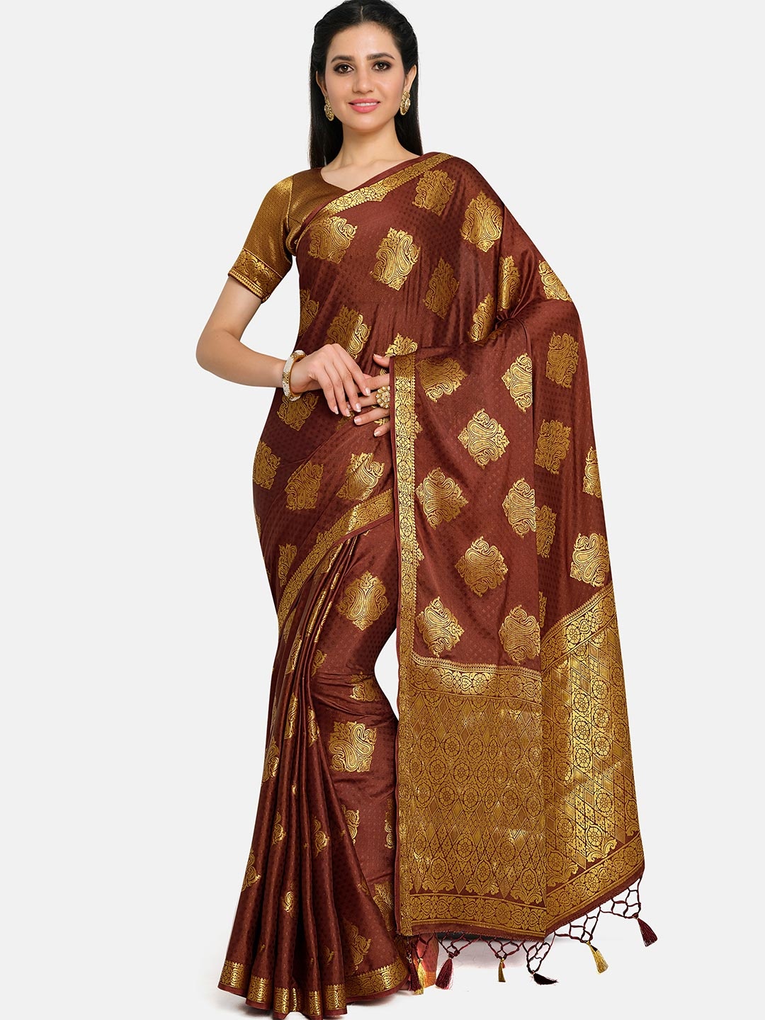 

MIMOSA Brown & Gold-Toned Woven Design Zari Mysore Silk Saree