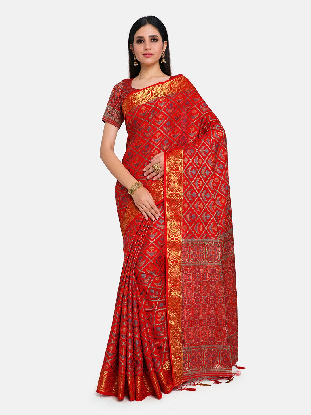 MIMOSA Red & Gold-Toned Floral Zari Art Silk Patola Saree