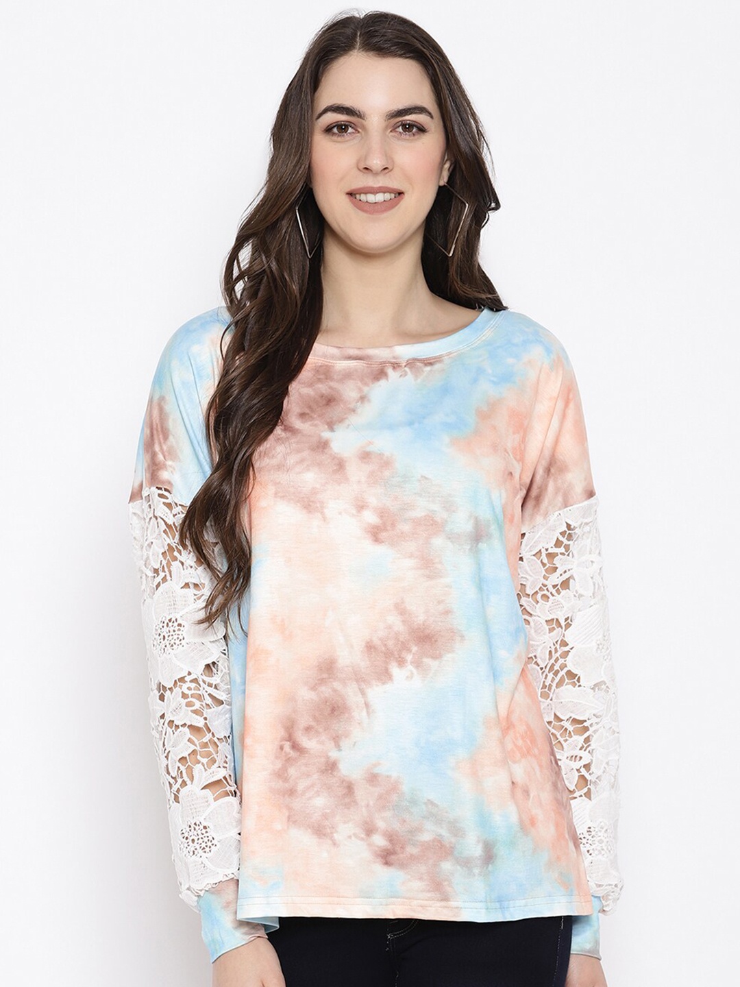 

iki chic Orange Tie and Dye Regular Top with Lace Inserts
