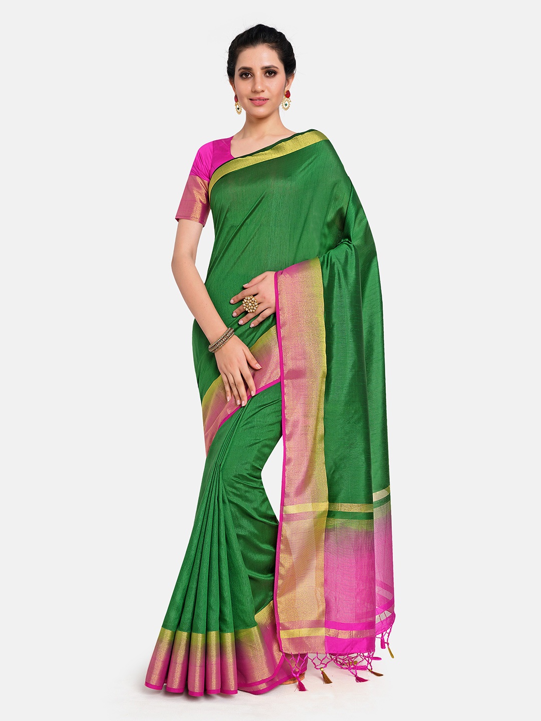 

MIMOSA Green & Pink Zari Art Silk Kanjeevaram Saree