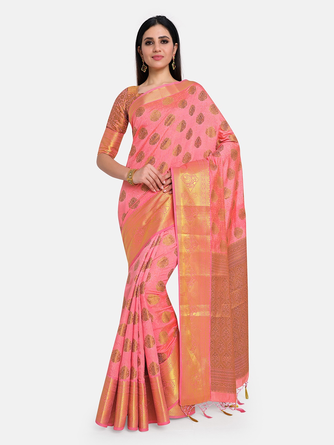 MIMOSA Coral & Gold-Toned Woven Design Zari Art Silk Kanjeevaram Saree