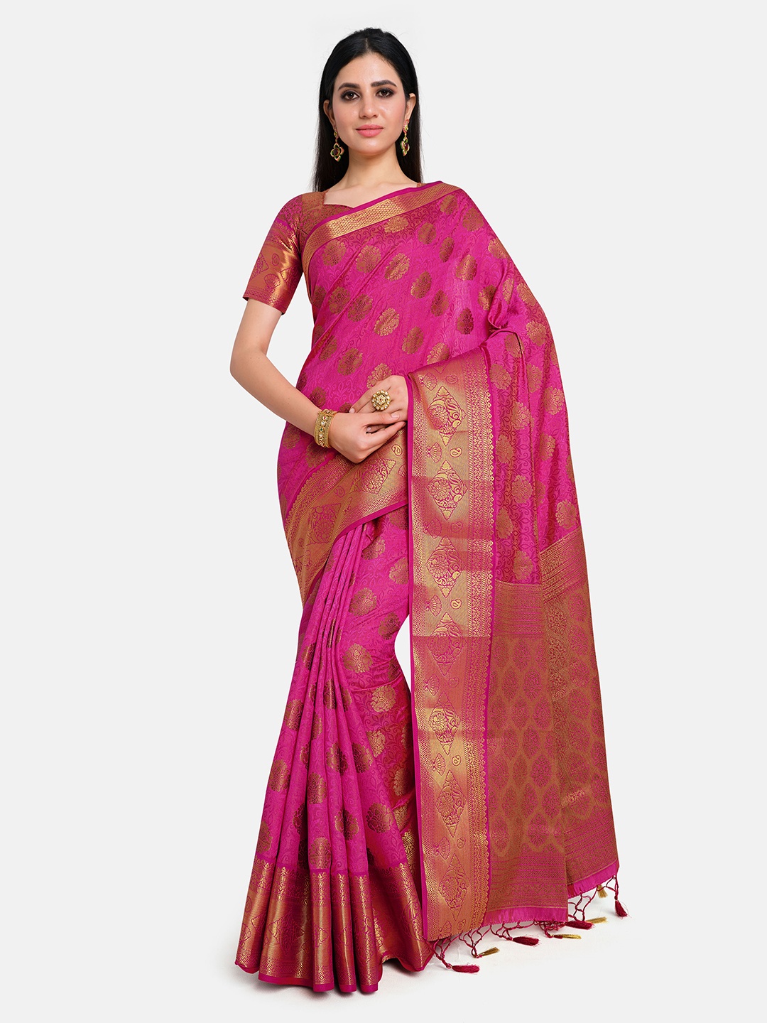 

MIMOSA Pink & Gold-Toned Woven Design Zari Art Silk Kanjeevaram Saree