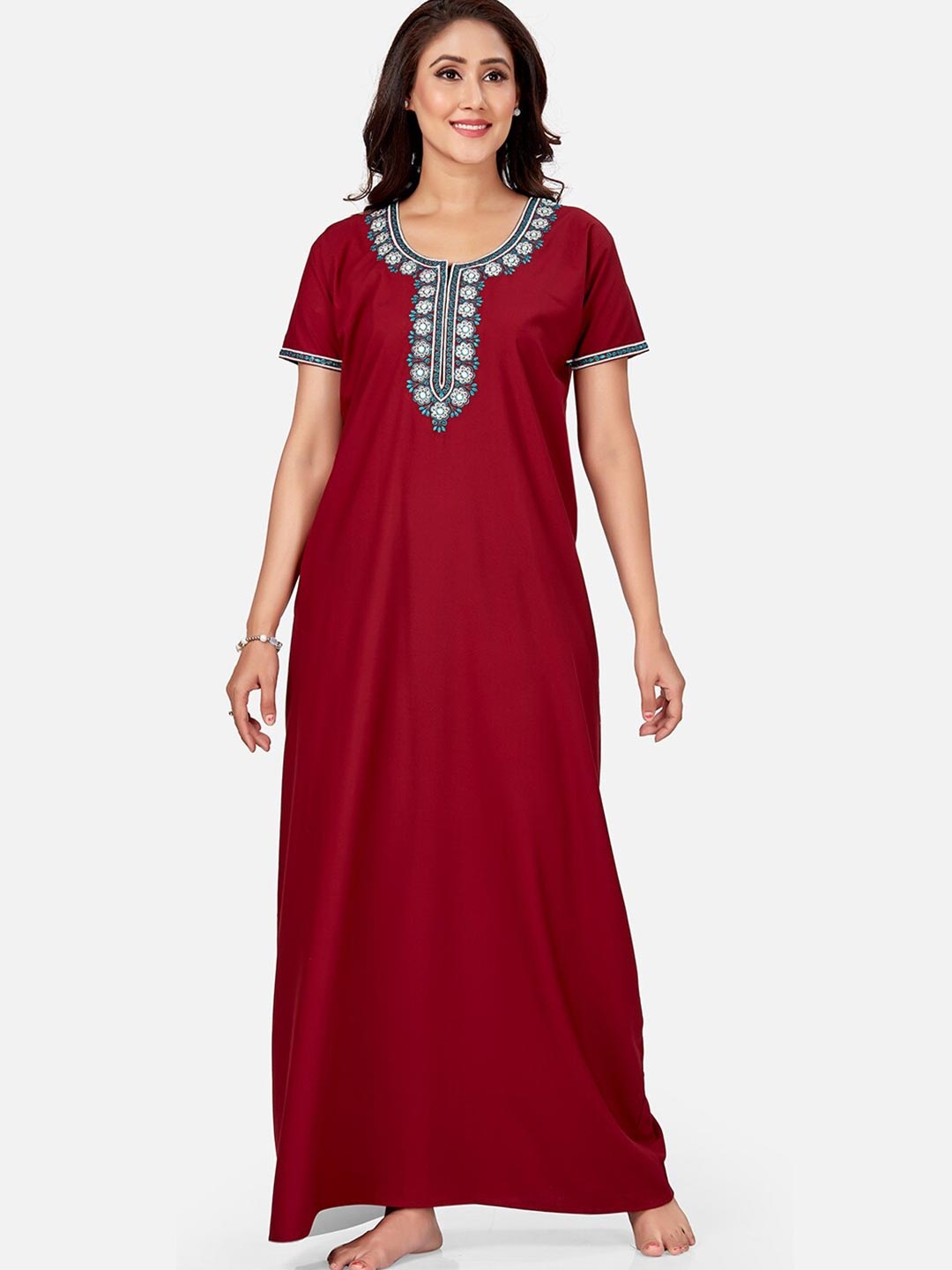 

Sand Dune Maroon Embroidered Maxi Nightdress