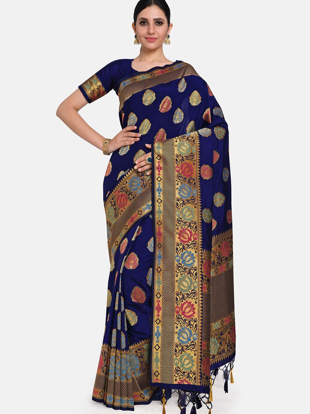 

MIMOSA Navy Blue Ethnic Motifs Zari Art Silk Kanjeevaram Saree