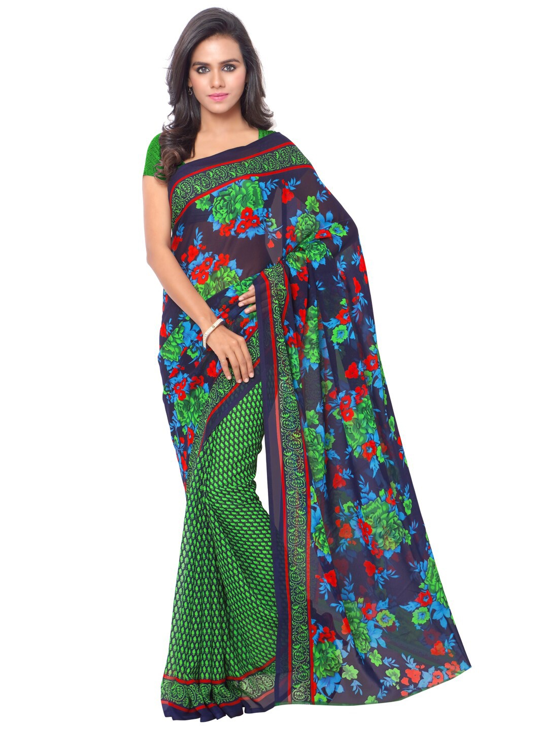 

ANAND SAREES Pack Of 2 Green & Red Floral Saree