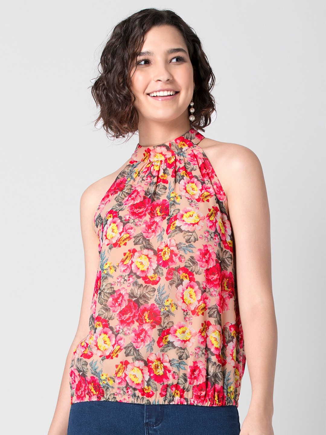 

FabAlley Women Pink Floral Georgette Regular Top