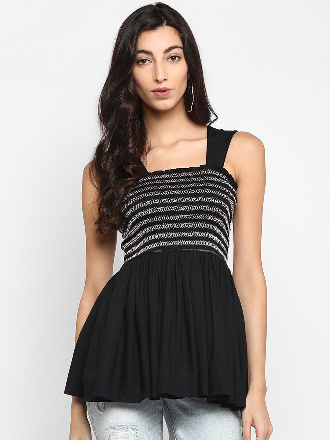 

DEEBACO Women Black Striped Peplum Top