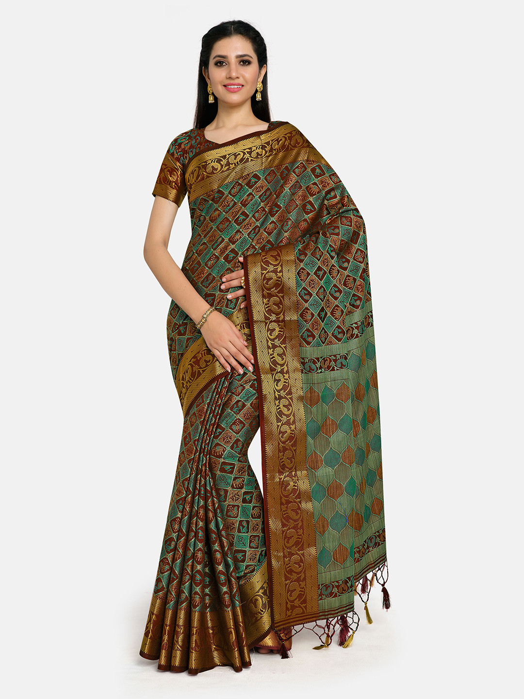 

MIMOSA Brown & Green Woven Design Zari Art Silk Patola Saree