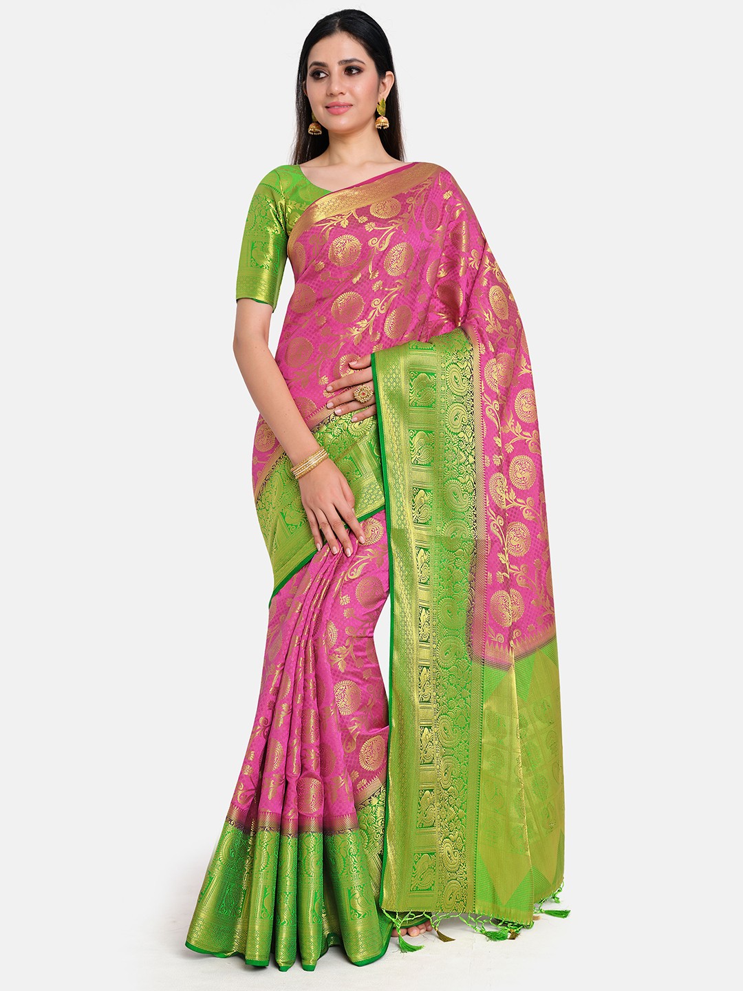 

MIMOSA Pink & Green Ethnic Motifs Zari Art Silk Kanjeevaram Saree