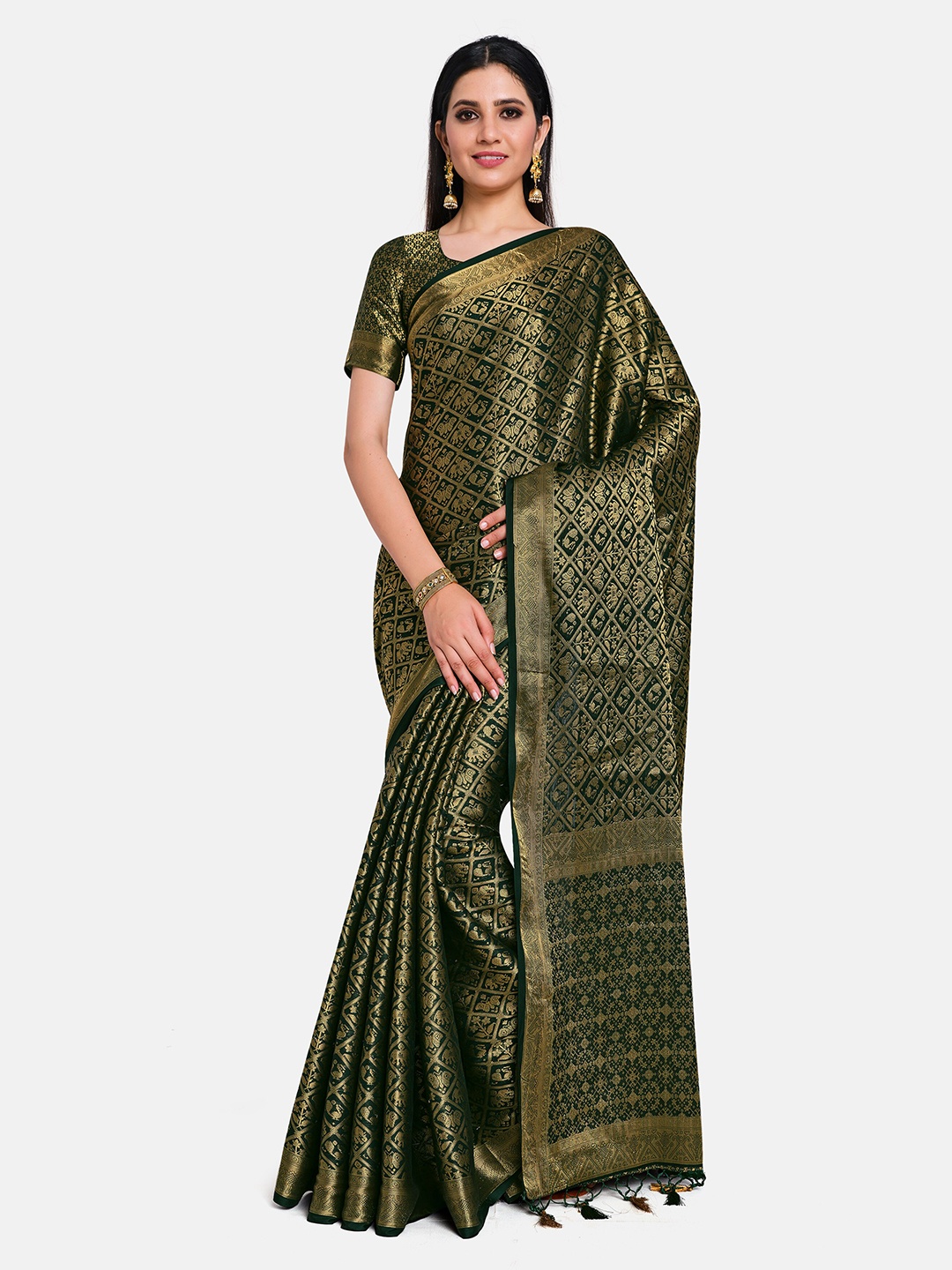 

MIMOSA Green & Gold-Toned Woven Design Zari Mysore Silk Saree