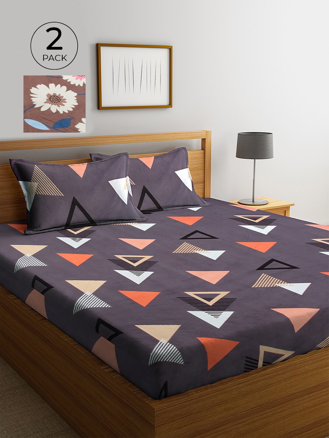 

KLOTTHE Brown & Pink Geometric 210 TC 2 King Bedsheet with 4 Pillow Covers