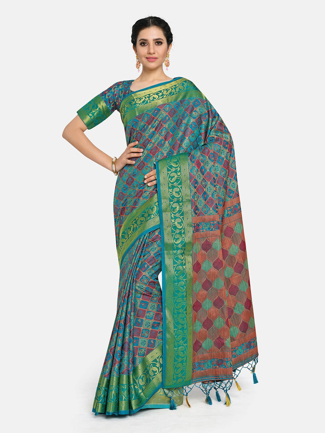 

MIMOSA Blue & Green Woven Design Art Silk Patola Saree