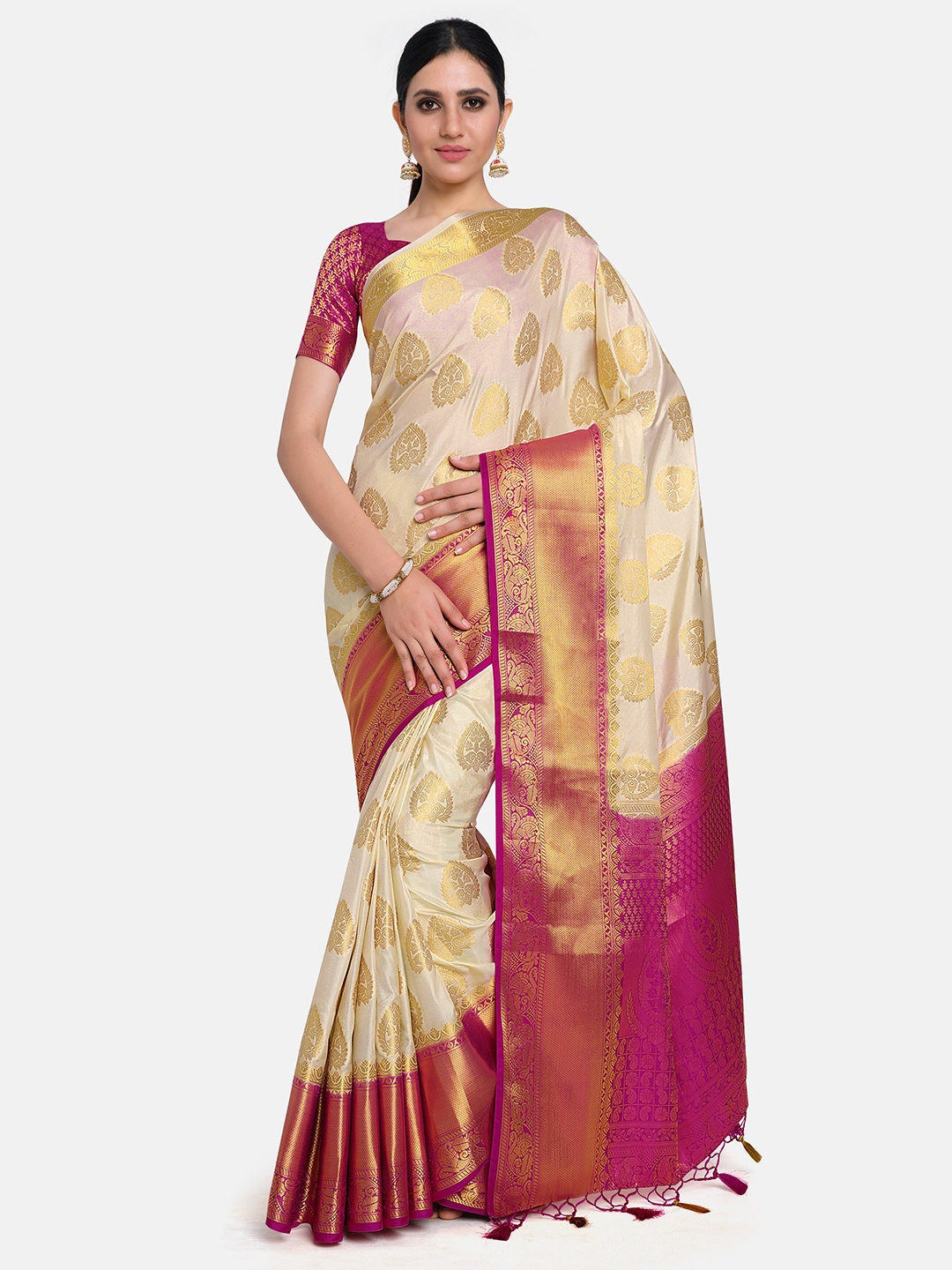 

MIMOSA Off White & Pink Woven Design Art Silk Kanjeevaram Saree