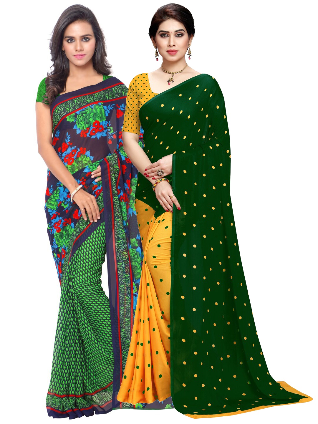 ANAND SAREES Pack Of 2 Green & Yellow Floral Sarees